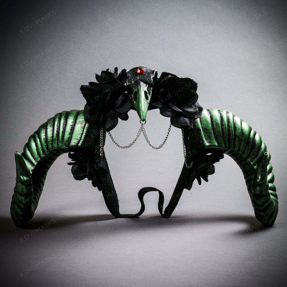 Gothic Demon Raven Skull Large Horn & Rose Headband - Black Green
